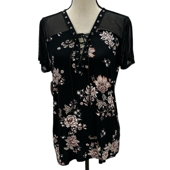 Gypsies & Moondust Tops - Gypsies & Moondust Short Sleeve Floral Print Lace Up Neck Tunic  - Black - Large